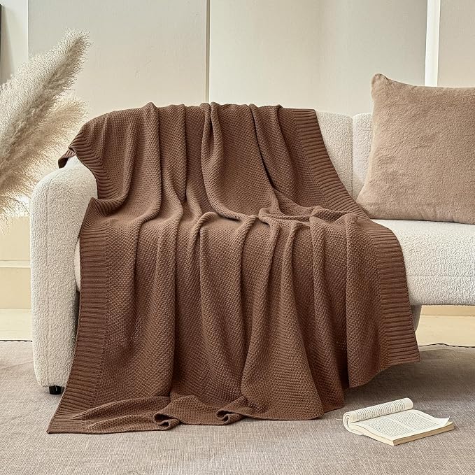 Simple&Opulence 100% Cotton Blanket King Size, Solid Color Cable Knitted Blanket Super Soft Comfortable Breathable Decorative Farmhouse for Couch Sofa Bed, All Season Use(Coffee,104x90)
