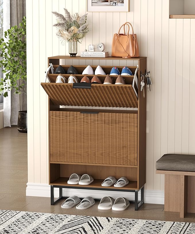 Akxomel Fluted Shoe Storage Cabinet, Narrow Hidden Shoe Rack Cabinet with Metal Legs, Narrow Shoe Organizer, 2 Flip Drawers, for Entryway, Hallway, Living Room, Walnut