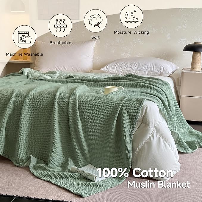 Simple&Opulence 100% Cotton Muslin Blanket Queen Size, Lightweight Breathable 4 Layering Gauze Blanket for Bed Couch Camping, Soft Bedspread Coverlet All-Season Use (Sage Green, 88" x 92")