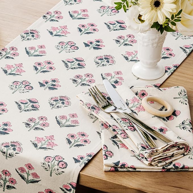 100% Cotton Block Print Floral Table Runners, 13x60 Inch Pink Farmhouse Table Runners 60 Inches Long Boho Flowers Home Decors