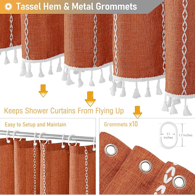 BTTN Stall Shower Curtain - 60x84 Long Boho Farmhouse Linen Fabric Tassel Shower Curtain Set with 10 Plastic Hooks, Narrow Bohemian Country Chic Decorative Shower Curtains for Bathroom - Orange