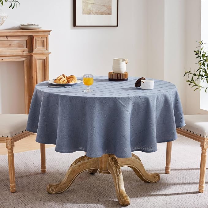ZeeMart Linen Checked Table Cloth 52 Inches Round, Farmhouse Style Plaid Embroidered Water Resistant Table Cover, Blue