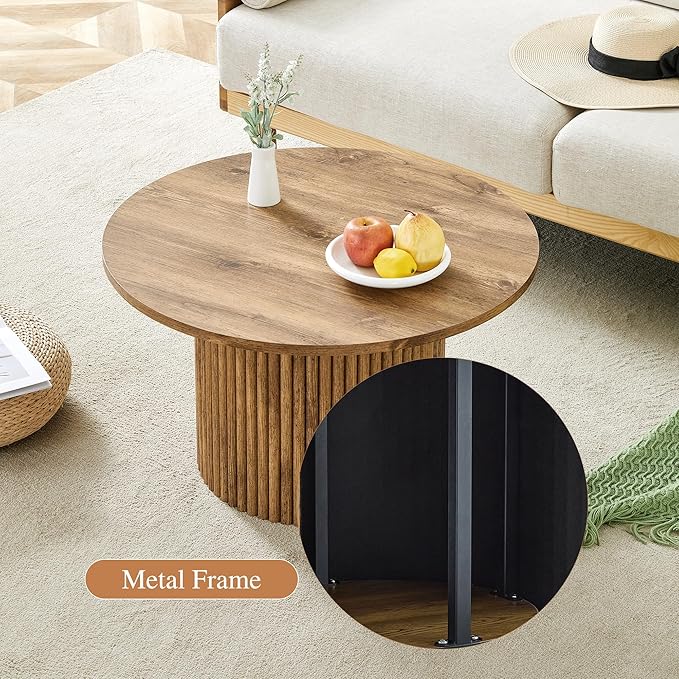 JUFU Round Coffee Table with Storage, 27.5IN Minimalist Fluted Coffee Table Circle Wood Center Table for Living Room (Wooden Coffe Table)