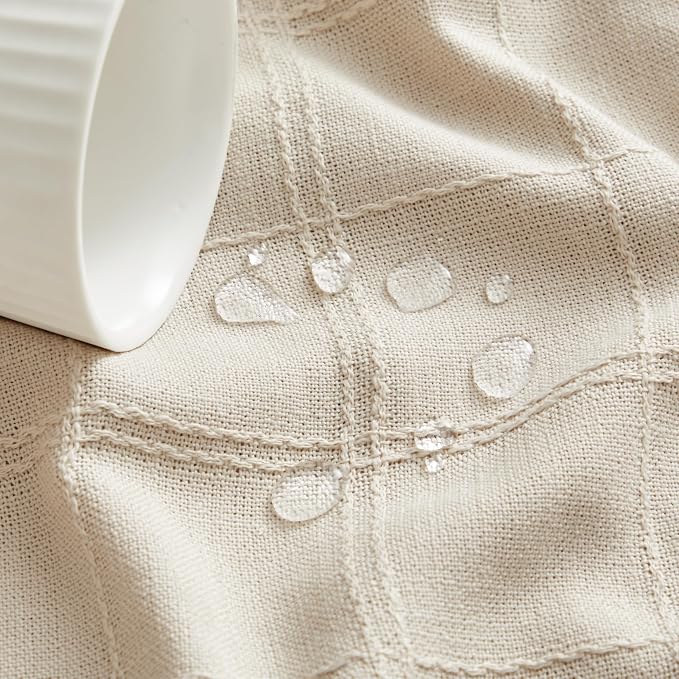 ZeeMart Linen Checked Table Cloth 52x70 Inches (Fit 3ft-4ft, Narrow Fit for 5ft Rectangle Table), Farmhouse Style Plaid Embroidered Water Resistant Table Cover, Beige