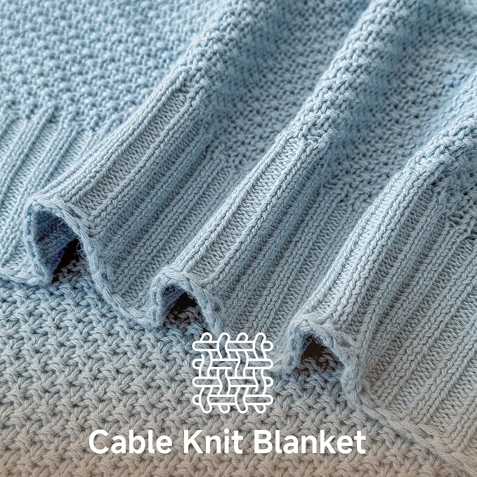 Simple&Opulence 100% Cotton Throw Blanket, Solid Color Cable Knitted Blanket Super Soft Comfortable Breathable Decorative Farmhouse for Couch Sofa Bed, All Season Use(Winter Blue,50x60)