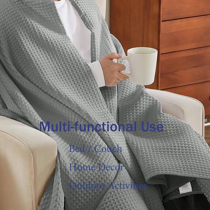 100% Egyptian Cotton Waffle Weave Throw Blanket for Bed Couch Sofa Home Decor, Soft Lightweight Bed & Couch Blanket for All Seasons (Light Grey - Full Size - 84 * 90")