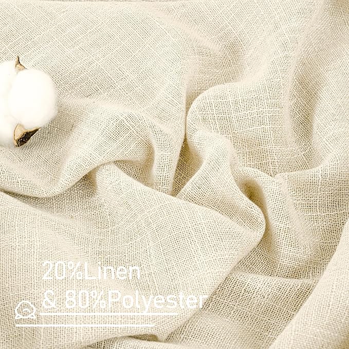LAMIT Short Window Linen Curtains 48 Inch Length 2 Panels, Beige Light Filtering Panels Back Tab and Rod Pocket Neutral Drapes for Bathroom/Loft Room, 34 x 48 Inch