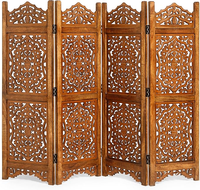 Lightnpro 4 Panel Royal Octagon Wooden Room Divider 64"(W) x 48"(H) Handmade Heart Design Partition, Intricately Carved, Hinged & Foldable, Pre-Assembled Privacy Screen Burnt Finish