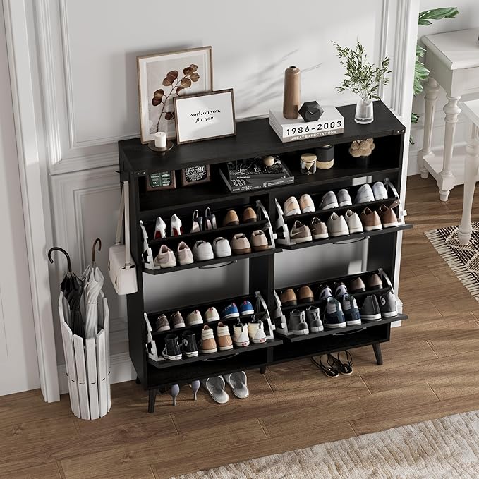 Halitaa Shoe Cabinet with 4 Flip Drawers,Farmhouse Shoe Storage Cabinet for Entryway,Narrow Freestanding Organizer Rack with Open Shelves for Foyer,Hallway,Black
