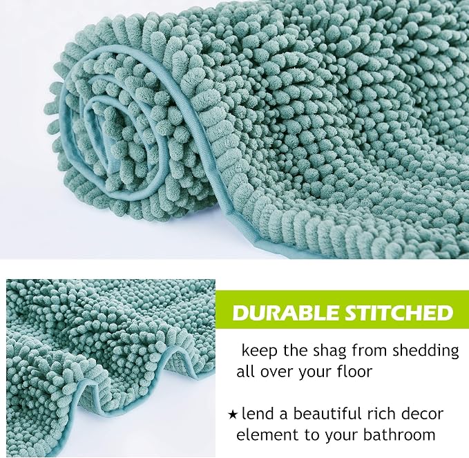 KGORGE Large Bathroom Rugs - Decorations Soft Bath Mat Water Absorbent Non-Slip Quick Drying Thick Shaggy Chenile Bathtub Set for Toilet Kitchen Entryway, Aqua, 60" x 24", 1 Piece