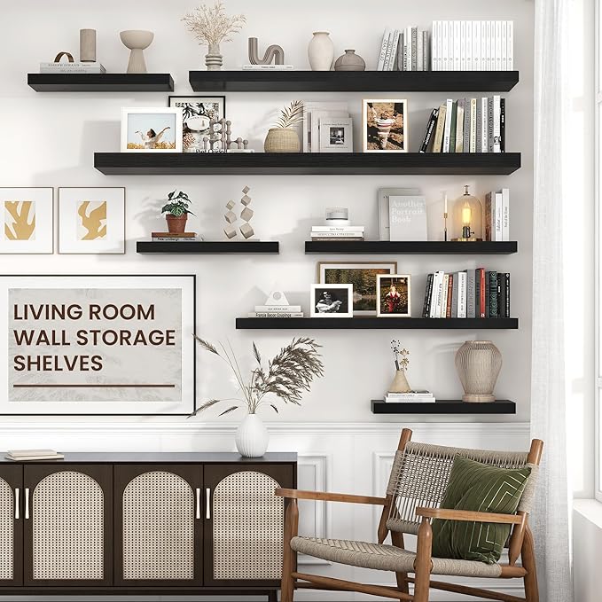 Venusmiles Floating Shelves for Wall 55 inch Long, Engineered Wood Large Wall Shelves with Invisible Brackets for Living Room Bedroom Bathroom Office Kitchen Decor and Storage, Black Finish, Set of 1