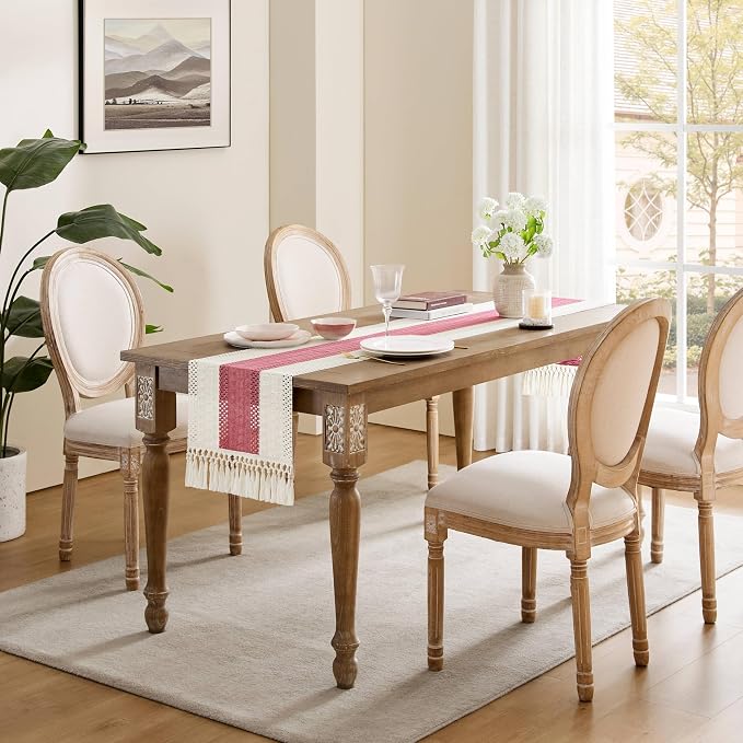 ZeeMart Macrame Style Bicolor Stitching Table Runner, 14 x 72 Inch Dusty Rose/Ivory, Boho Pink Table Runners 72 Inches Long, Farmhouse Woven Home Decor