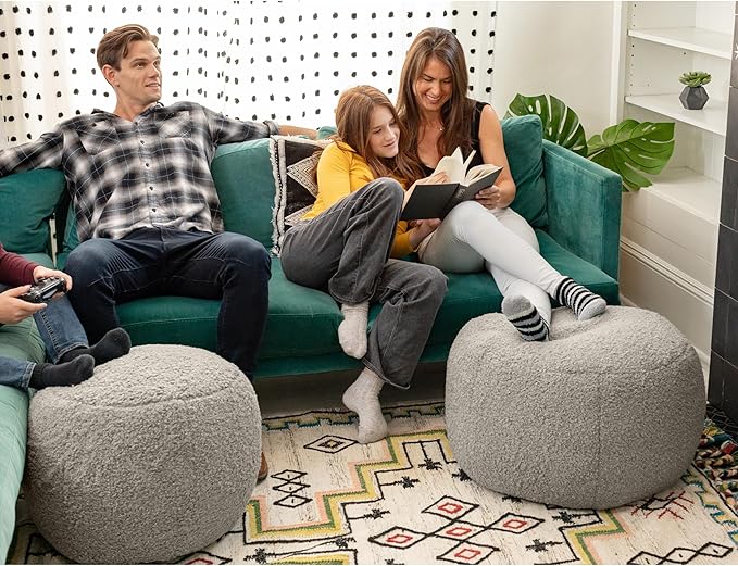 Jaxx Ellis Ottoman Shearling Faux-Lamb Plush Pouf for Modern Interior Design, Small, Smoke