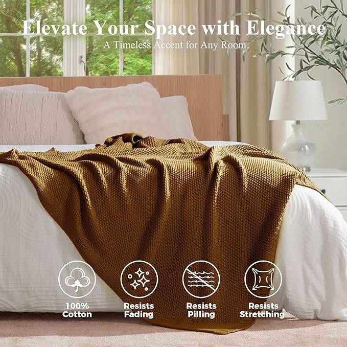 100% Cotton Cable Knit Throw Blanket, Lightweight Soft Knit Blanket for Sofa Couch Bed, Breathable All-Season Throw, Cozy Decorative Blanket, 50 x 60 Inch,Mustard