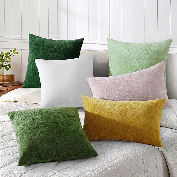 decorUhome Chenille Sage Green Summer Throw Pillow Covers 12x20 Inch Set of 2, Decorative Soft Couch Pillow Covers Solid Dyed Accent Farmhouse Neutral Rectangle Pillow Cases for Sofa