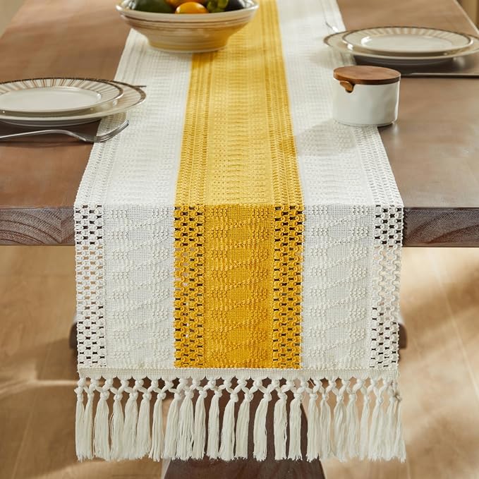 ZeeMart Macrame Style Bicolor Stitching Table Runner, 14 x 72 Inch Mustard/Ivory, Boho Yellow Table Runners 72 Inches Long, Farmhouse Woven Home Decor