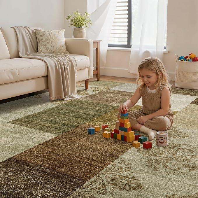 UERMEI 5x7 Area Rug for Living Room - Washable Neutral Modern Abstract Carpet, Non-Slip Soft Large Indoor Floor Rugs for Bedroom Home Office & Under Dining Table Decor, Brown/Green