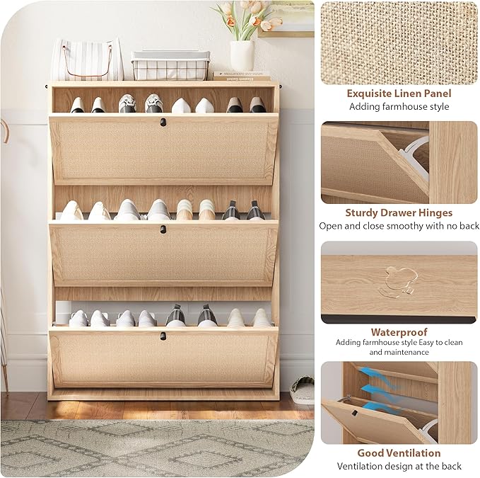 Shoe Cabinet Storage with 3 Flip Drawer for Entryway, 31.5 Inch Farmhouse Slim Narrow Wood Storage Cabinet for Shoes, Freestanding Shoe Organizer for Living Room, Aparment (Natural)