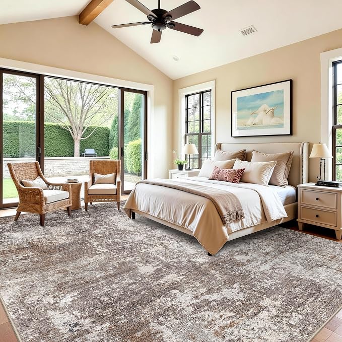 12x15 Area Rug Living Room Washable – Extra Large Modern Neutral Abstract Soft Carpet for Bedroom Dining Room, Non-Slip Low Pile Room Size Rug (Brown Beige,12x15)