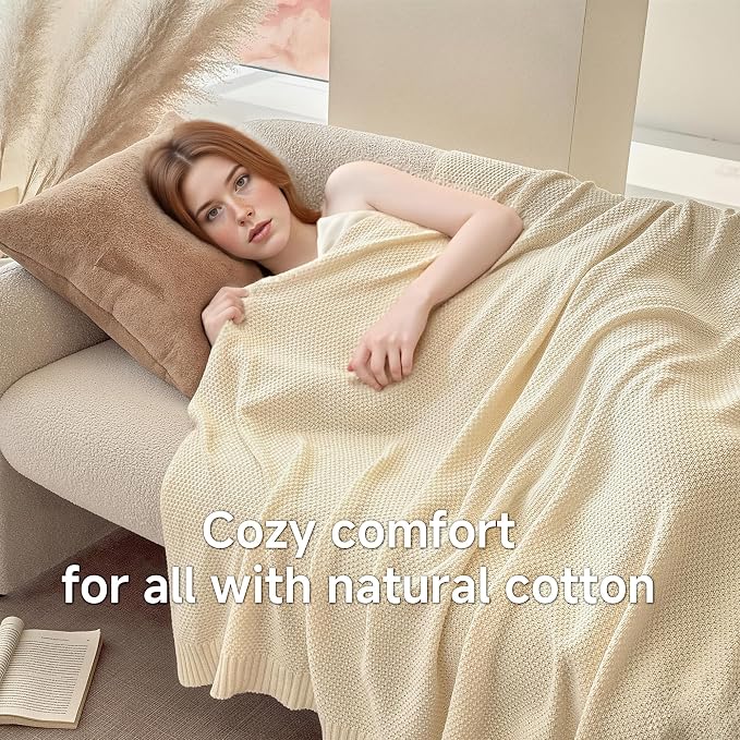 Simple&Opulence 100% Cotton Blanket Queen Size, Solid Color Cable Knitted Blanket Super Soft Comfortable Breathable Decorative Farmhouse for Couch Sofa Bed, All Season Use(White,90x90)