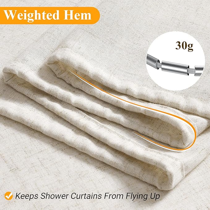 Naturoom Extra Long Linen Shower Curtain 86 Inch Long Weighted Thick Fabric Bath Shower Curtain Set with Hooks, XLong Tall Country Farmhouse Beige Curtains for Bathroom, 72x86