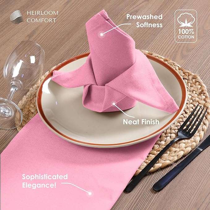 Pink Table Napkins, 17"x17" - Set of 12-100% Cotton, Durable, Absorbent, Soft, Washable - Ideal Hotel Quality Table Linen for Dinner, Rustic Weddings, Summer, Easter, Pink