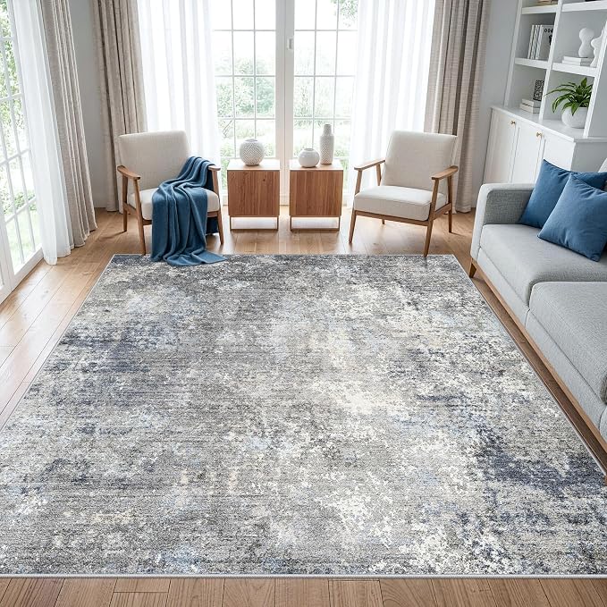 9x9 Square Rug Living Room – Washable Non-Slip Indoor Area Rug for Bedroom Dining Room Home Office – Low Pile Soft Modern Neutral Carpet (Blue Grey，9x9)