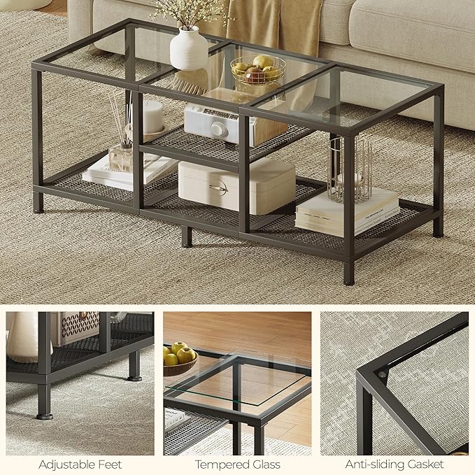 JARHETUN Glass Coffee Table, Coffee Tables for Living Room, Small Center Table, Modern Coffee Table with Open Storge&Metal Frame, Rectangular Coffee Tables for Small Space, Home Office, Black