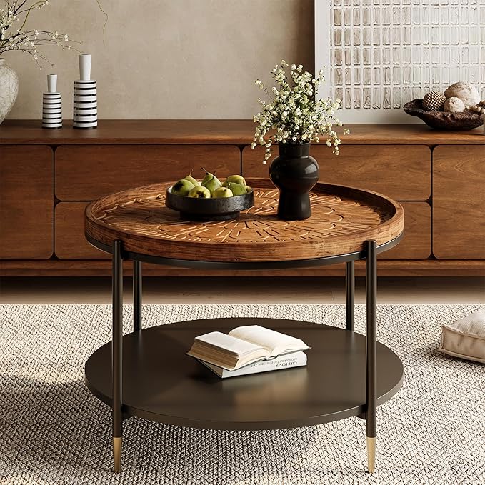 Solid Wood Round Coffee Table, 31.5-Inch Boho Center Tea Table with Metal Storage Frame & Carved Floral Pattern, Living Room Coffee Table Furniture for Small Spaces, Apartment, Rustic Brown