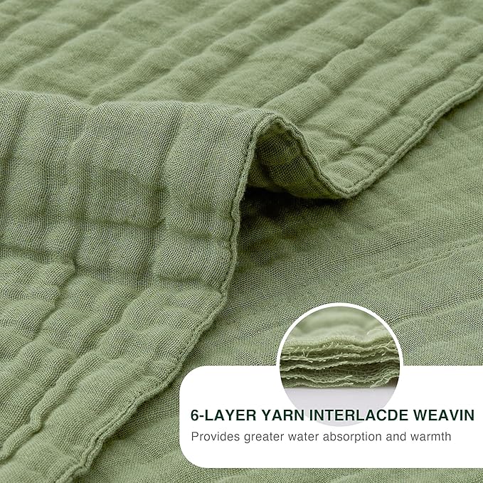 Love's cabin 100% Cotton Muslin Blanket, 6 Layer Lightweight Breathable Gauze Queen Size Blanket 90 x 90 Inches, Soft All Season Blanket for Bed, Sage Green