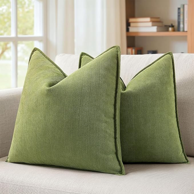 MIULEE Pack of 2 Moss Green Decorative Pillow Covers 22x22 Inch Soft Chenille Luxurious Couch Throw Pillows Farmhouse Cushion Covers Euro Shams Elegant Design for Sofa Bed Living Room Spring Decor