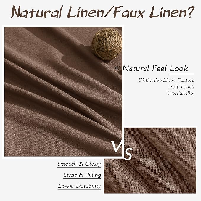 Joywell Caramel Brown Linen Curtains 120 Inches Length Light Filtering Neutral Farmhouse Boho Rod Pocket Back Tab Hook Belt Clip Rings Semi Sheer Window Drapes for Bedroom Living Room 52x120