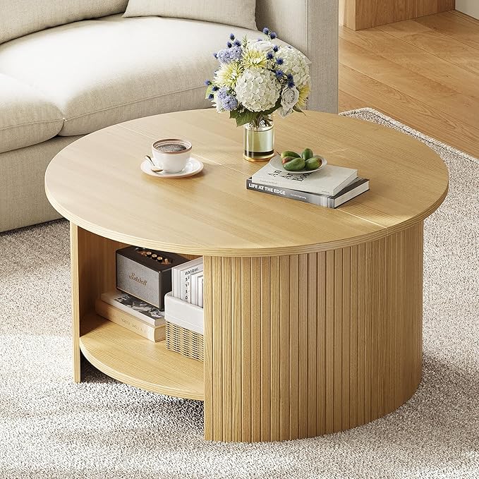 Round Coffee Table with Storage, 31.5" Modern Fluted Center Table, 2-Tier Mid Century Coffee Table, Wood Circle Table for Living Room, Home Office, Small Space, Oak