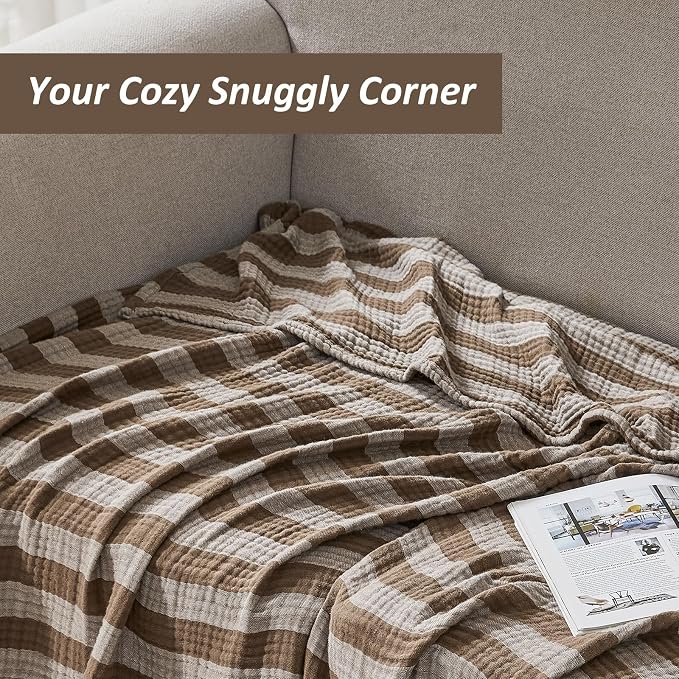 EMME Cotton Muslin Queen Blanket Bed Layering Bedspread Coverlet Breathable Gauze Soft Lightweight Adults (Striped Brown, 90"x90")