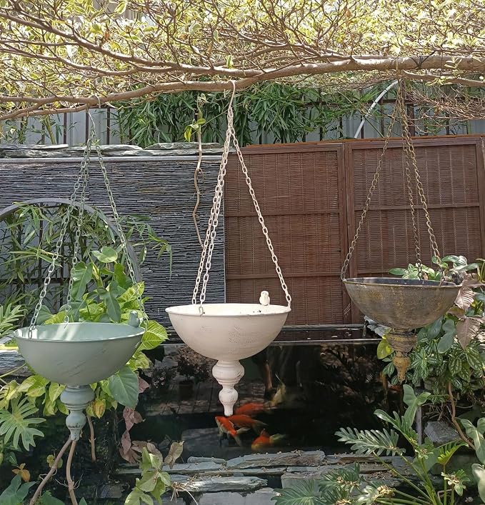 Vintage Metal Hanging Basket Planter with Bird Ornament,10 Inch Large Hanging Planter for Indoor Outdoor Home Garden Decor (White)