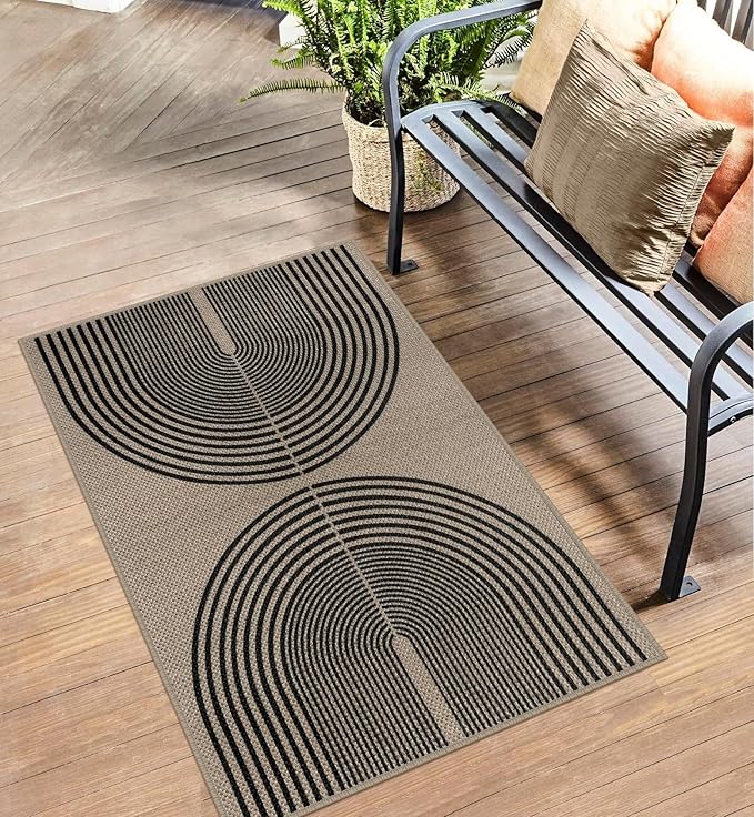 Rugalia Easy Jute Rainbow Indoor Outdoor Doormat, 2.6x4 Black Nature Boho Entryway Rug Washable Non-Slip Modern Kitchen Rug, Farmhouse Neutral Abstract Throw Rugs for Entrance Patio Porch