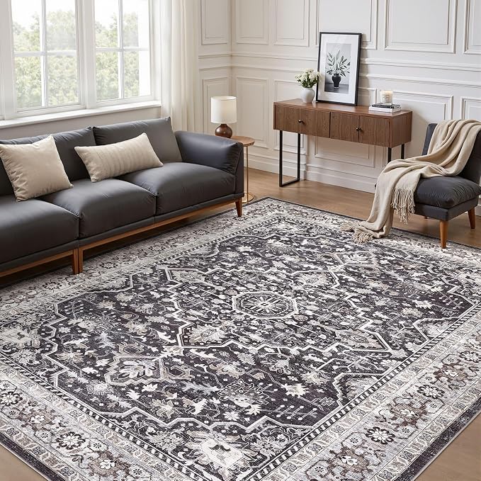 6x9 Area Rugs Living Room: Washable Boho Large Vintage Moody Soft Rug Distressed Oriental Stain Resistant Non-Slip Indoor Floor Carpet for Bedroom Playroom Office Dining Room Retro Home House- Black