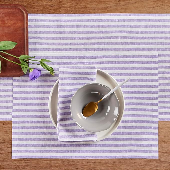 Solino Home Striped Linen Table Runner 60 Inches - Amalfi Stripe, 100% Pure Linen Violet and White Small Table Runner 14 x 60 Inch Ideal for Dresser and Coffee Tables - Summer