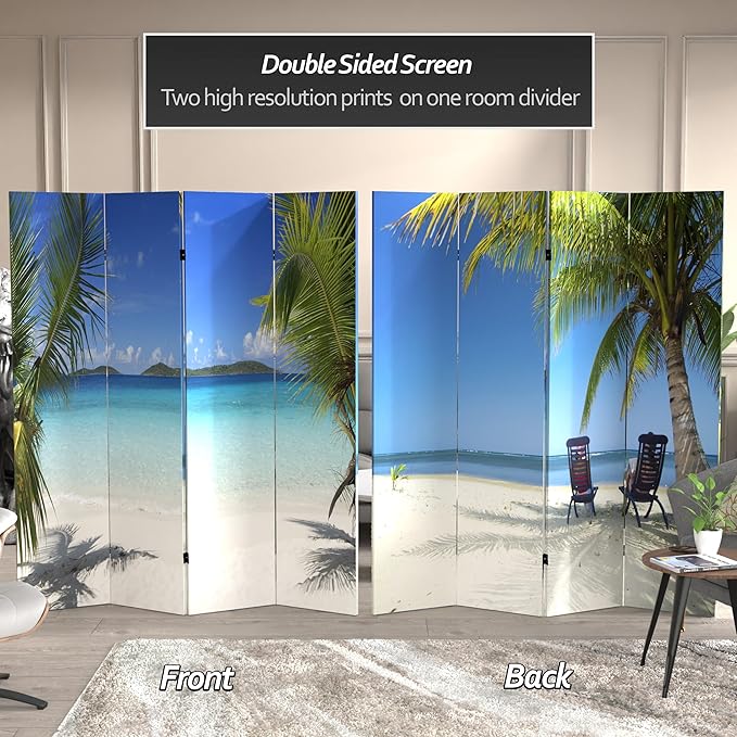 Red Lantern 6 ft. Tall Double Sided Beach Room Divider 4 Panel Freestanding Folding Privacy Screen, Partition, and Separator for Modern and Contemporary Bedroom, Home Office, Studio, Dorm, Apartment