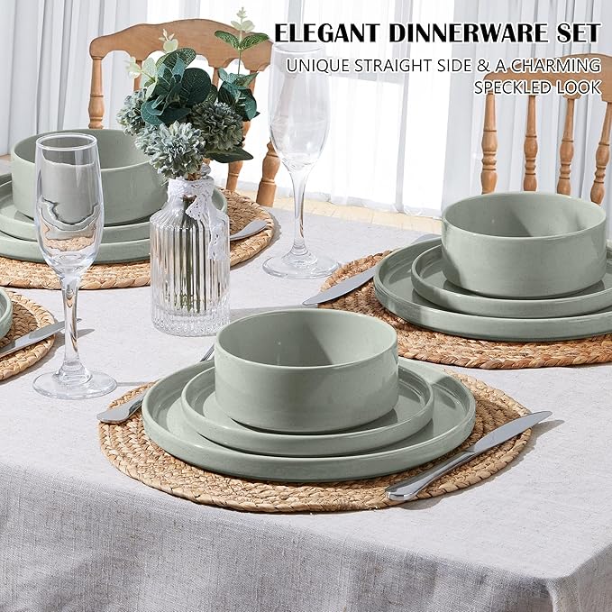 E-far 6-Piece Stoneware Dinnerware Sets, Plates and Bowls Set for 2, Kitchen Modern Dishes Set for Everyday & Formal, Chip and Scratch Resistant, Microwave & Dishwasher Safe, Speckled Green
