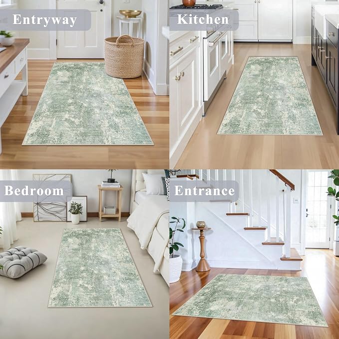 3x4 Washable Entryway Area Rug – Non-Slip Modern Abstract Small Area Rug for Kitchen, Bedroom, Bathroom – Soft Low-Pile Thin Indoor Door Mat (Sage Green,3x4)