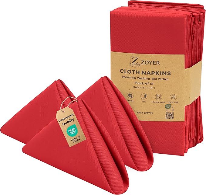Zoyer Cloth Napkins Set of 12, 18x18 Inches Cotton Enrich Napkins Cloth ‎Washable, Soft & Durable Dinner Napkins for Parties, Wedding, Christmas, ‎Thanksgiving & Everyday Use - Red