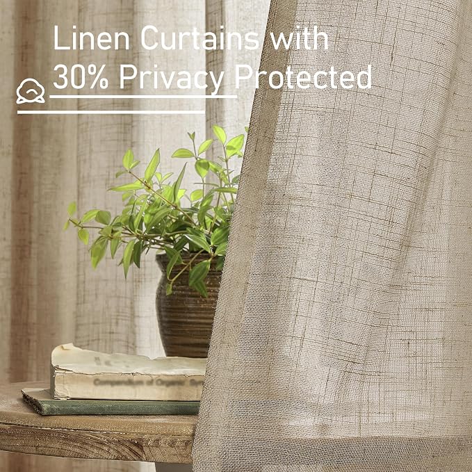 LAMIT Linen Sheer Curtains 96 Inches Long for Living Room 2 Panels, Light Filtering Boho Burlap Drapes Bronze Grommet Floor to Ceiling Curtains for Bedroom/Sliding Glass Door, Taupe, 52 x 96 Inch