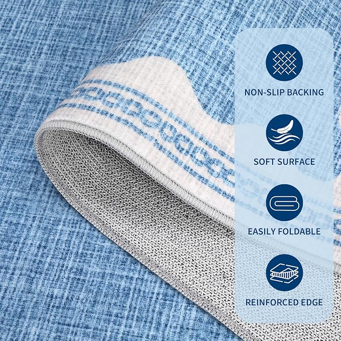 GarveeHome Door Mat Indoor Rugs for Entryway Small Throw Rug 2x3 Washable Non-Slip Solid Blue Modern Minimalism Soft Low-Pile Scalloped Carpet for Bedroom Kitchen Bath Entrance with Rubber Back