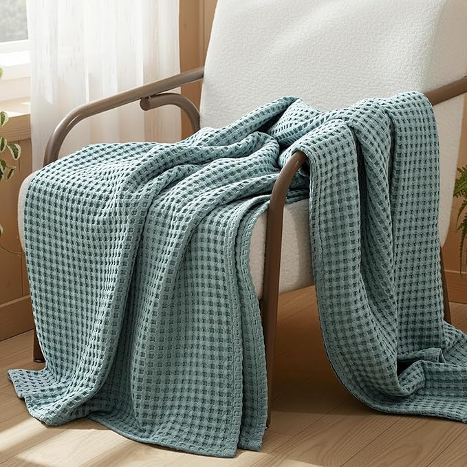 Exclusivo Mezcla Pre-Washed 100% Cotton Waffle Blanket King Size for Bed, 330GSM Lightweight Breathable Summer Blankets, Soft and Cozy, Home Decor, Slate Blue, 104x90 Inches