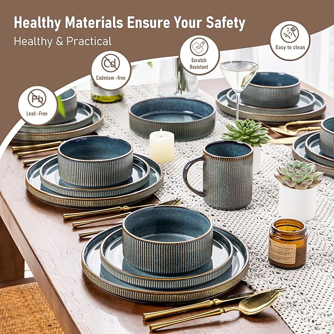 GBHOME 12-Piece Stoneware Dinnerware Set for 4 – Ribbed Ceramic Plates and Bowls, Scratch-Resistant, Microwave & Dishwasher Safe, Reactive Glaze, Reactive Glaze Teal