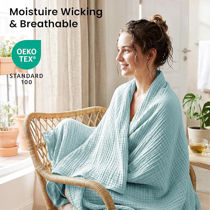 Love's cabin Cooling Muslin Blanket King Size, 50% Rayon Derived from Bamboo, 50% Cotton, 4-Layer Lightweight Breathable Summer Gauze Blanket for Bed, Soft for Hot Sleepers and Kids, 108"x90", Cyan
