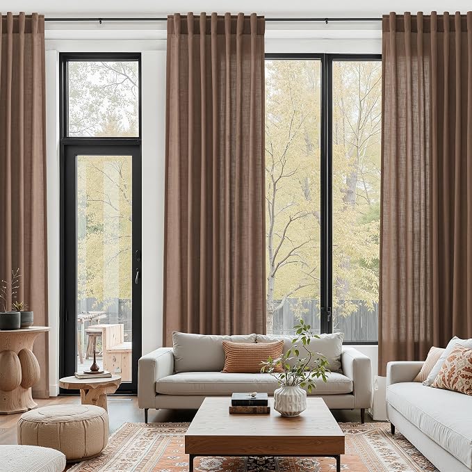 Caramel Brown Linen Curtains for Living Room Extra Long 132 Inches Long Back Tab Light Filtering Semi Sheer Curtain Vintage Rustic Decor Floor to Ceiling High Window for Bedroom 52x132, 2 Panels