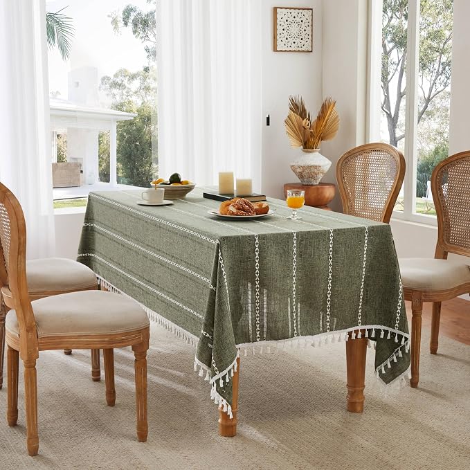 ZeeMart Hemstitched Embroidery Striped Boho Tablecloth 60x104 Inch Olive, Heavy Weight Farmhouse Burlap Linen Green Tablecloth, Wrinkle Resistant Washable Table Cloth for Rectangle Table
