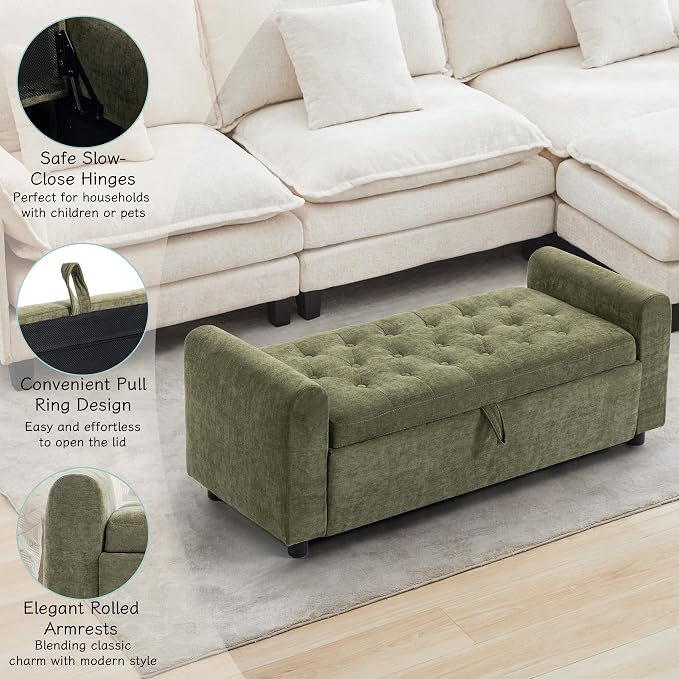 Ottoman with Storage, Tufted Storage Bench for Bedroom, 48" Fabrics End of Bed Bench, Upholstered Entryway Shoe Benches with Rolled Arm & Inner Zipper, Window Ottomans Chest without Rivets, Green